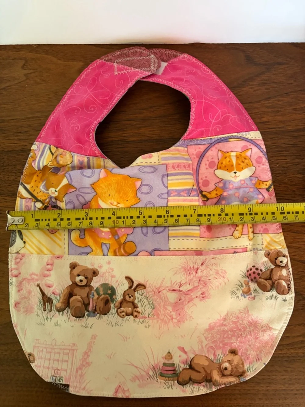 NEW Pink Patchwork Reversible Baby Girl Bib. Cats, Teddy Bears, Fairies Handmade